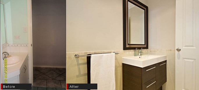 Bathroom wall & floor tile replacement - before & after picture
